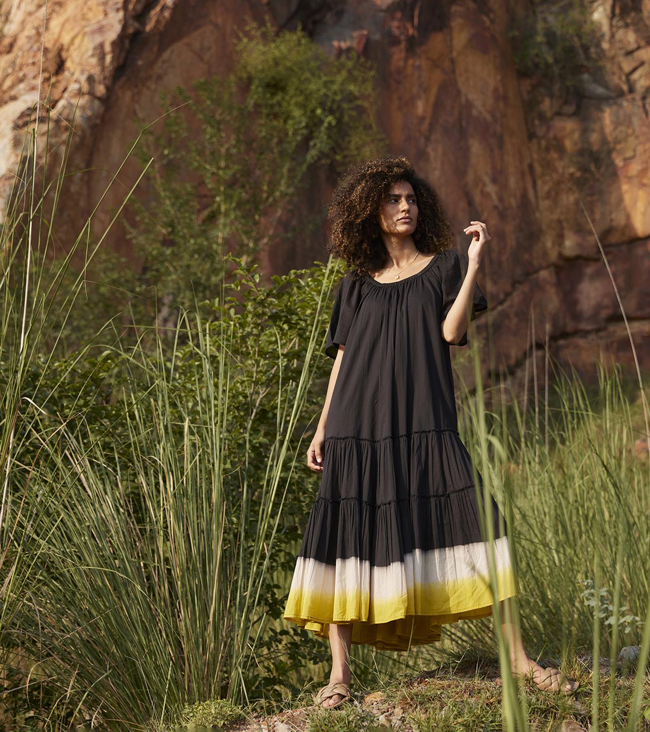 black-mustard-cotton-midi-tiered-dress-11904009BK, Women Clothing, Cotton Dress