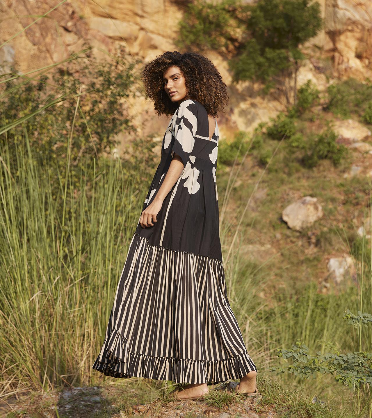 black-off-white-printed-maxi-dress-11904007BK, Women Clothing, Cotton Dress
