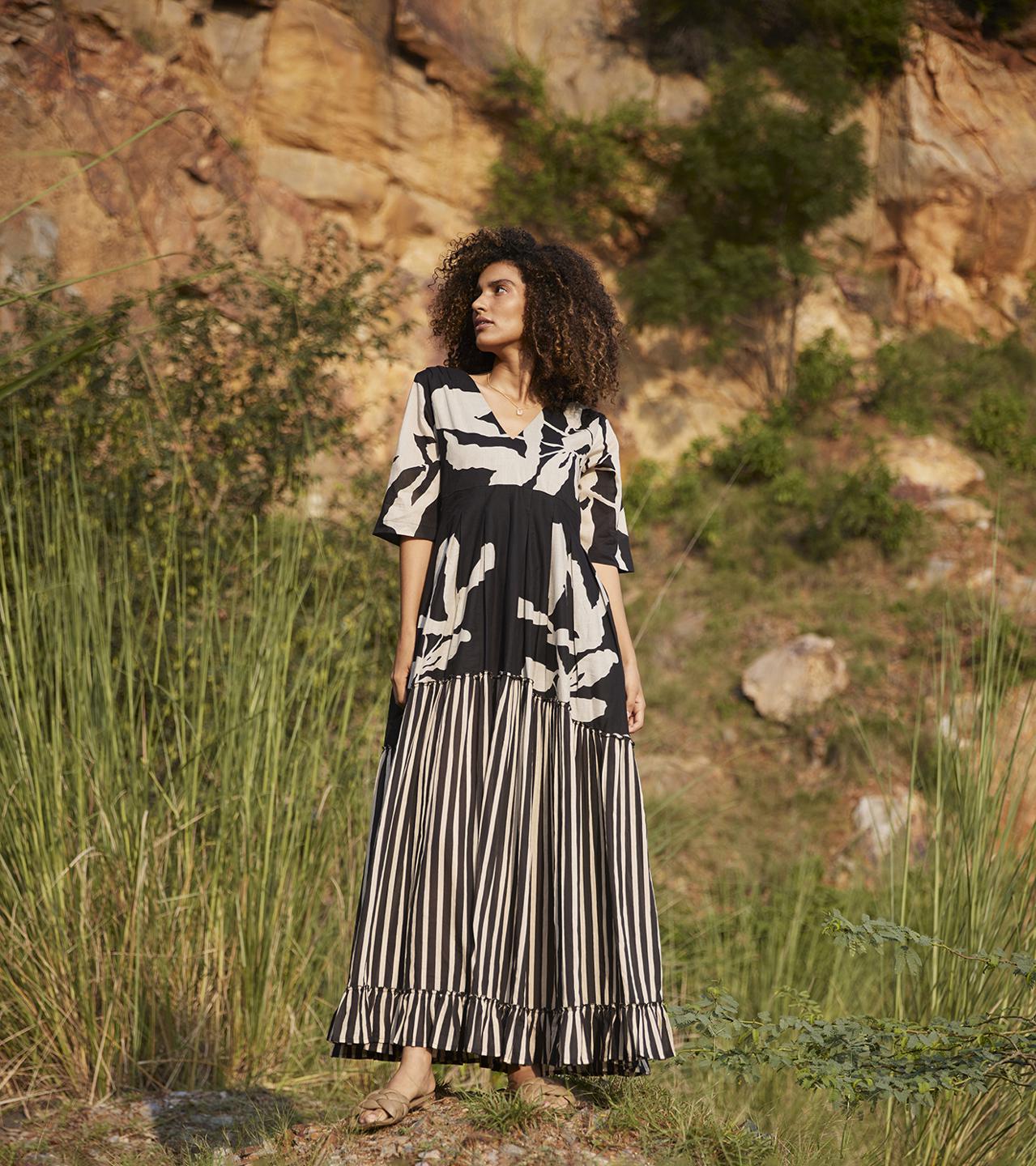 black-off-white-printed-maxi-dress-11904007BK, Women Clothing, Cotton Dress