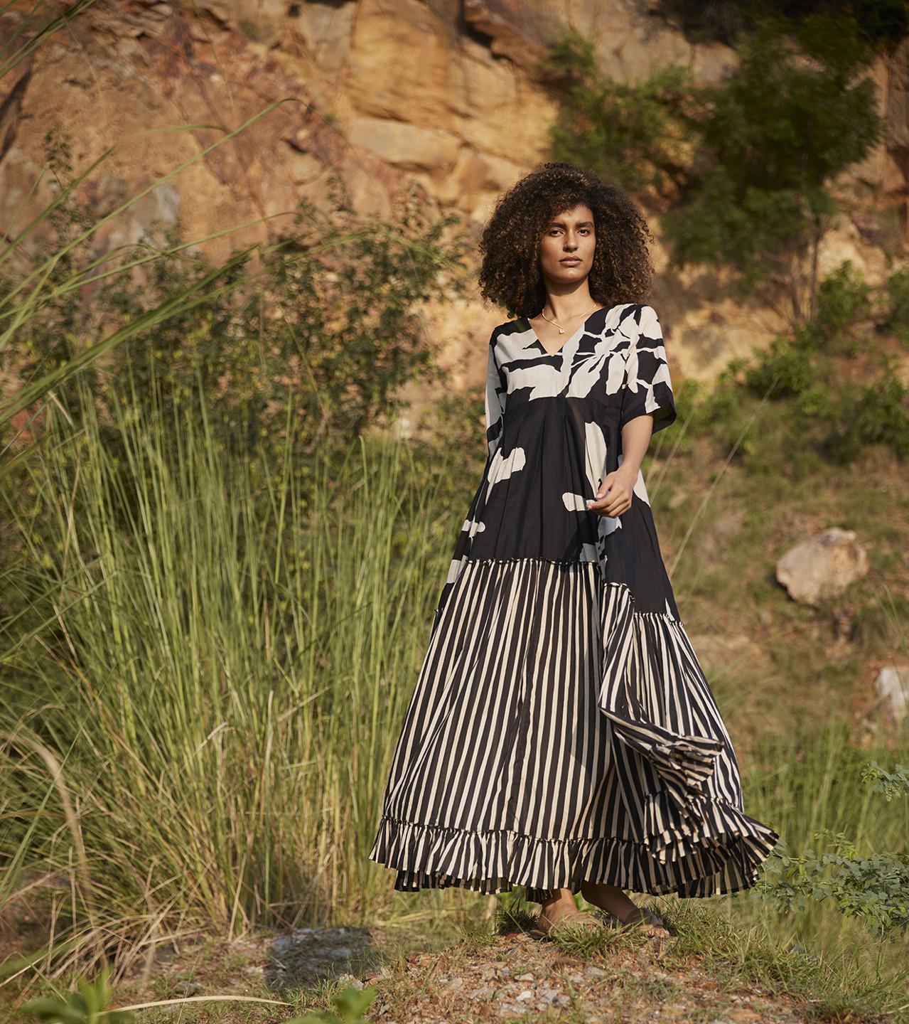 black-off-white-printed-maxi-dress-11904007BK, Women Clothing, Cotton Dress