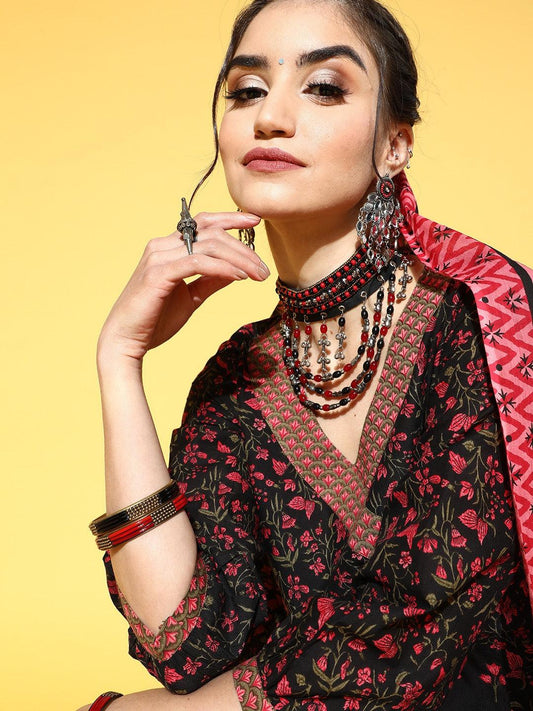 black-pink-printed-dupatta-set-10103117BK, Women Indian Ethnic Clothing, Cotton Kurta Set Dupatta