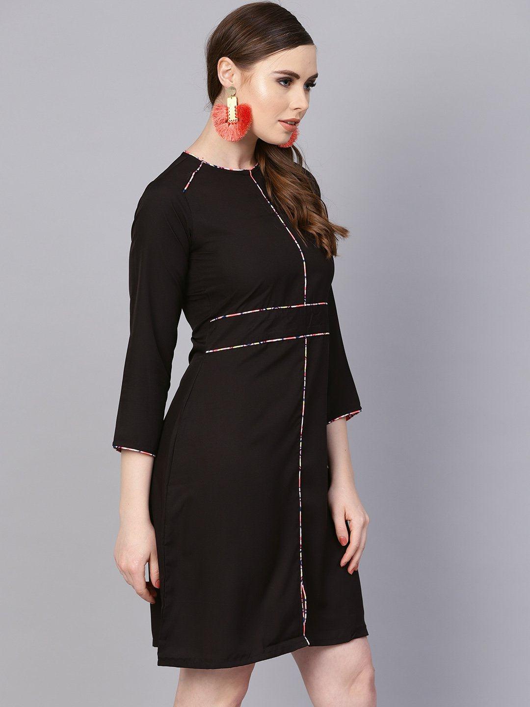 black-printed-piping-dress-10804011BK, Women Clothing, Crepe Dress