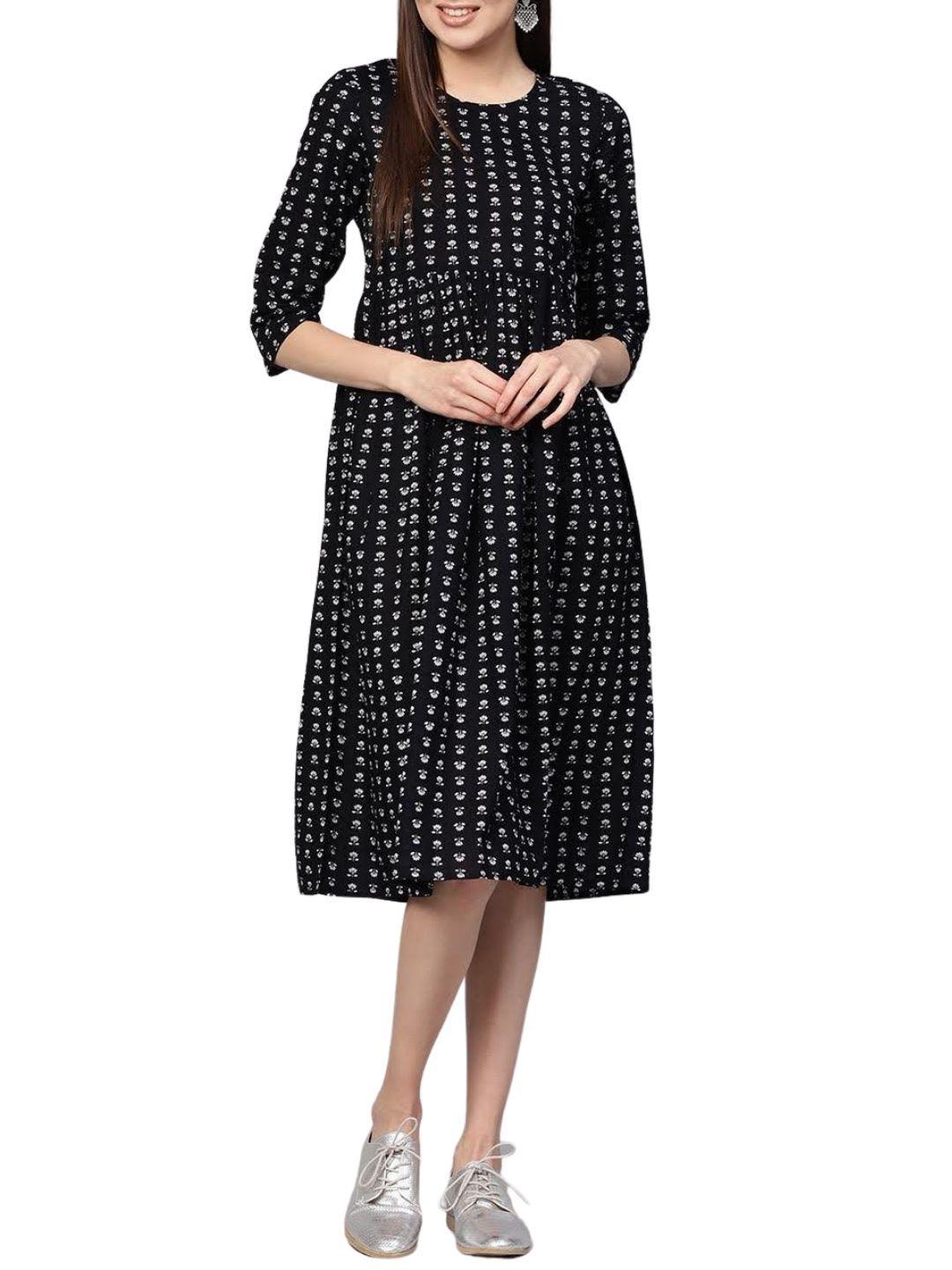 black-printed-round-midi-gathered-dress-10204016BK, Women Indian Ethnic Clothing, Cotton Dress
