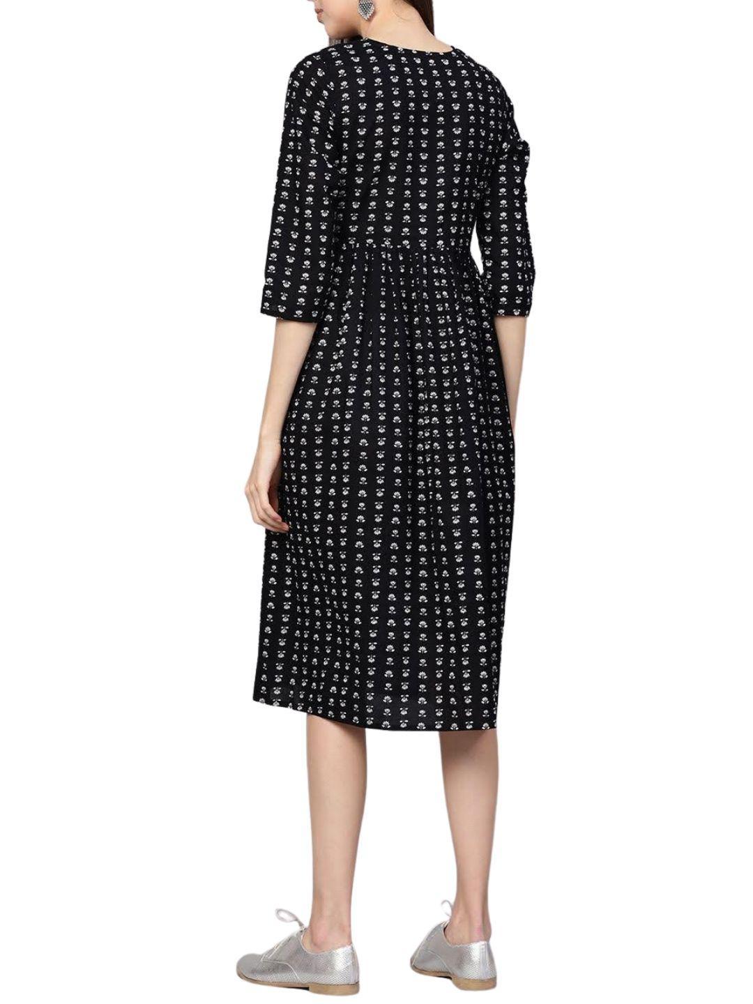 black-printed-round-midi-gathered-dress-10204016BK, Women Indian Ethnic Clothing, Cotton Dress