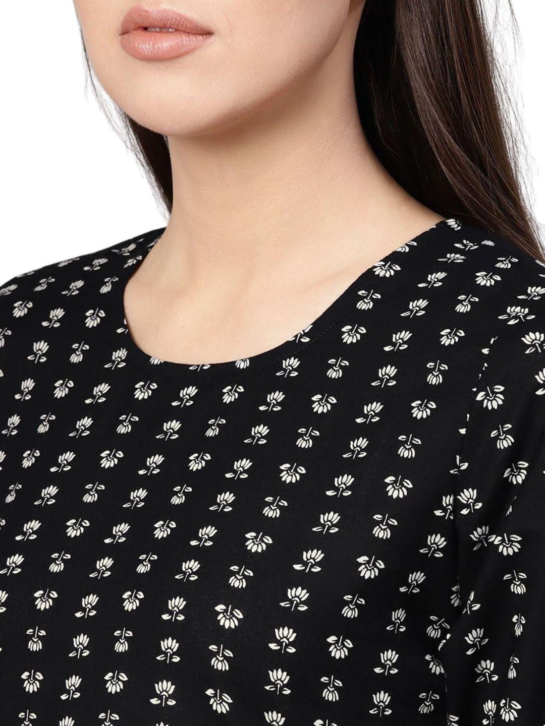 black-printed-round-midi-gathered-dress-10204016BK, Women Indian Ethnic Clothing, Cotton Dress