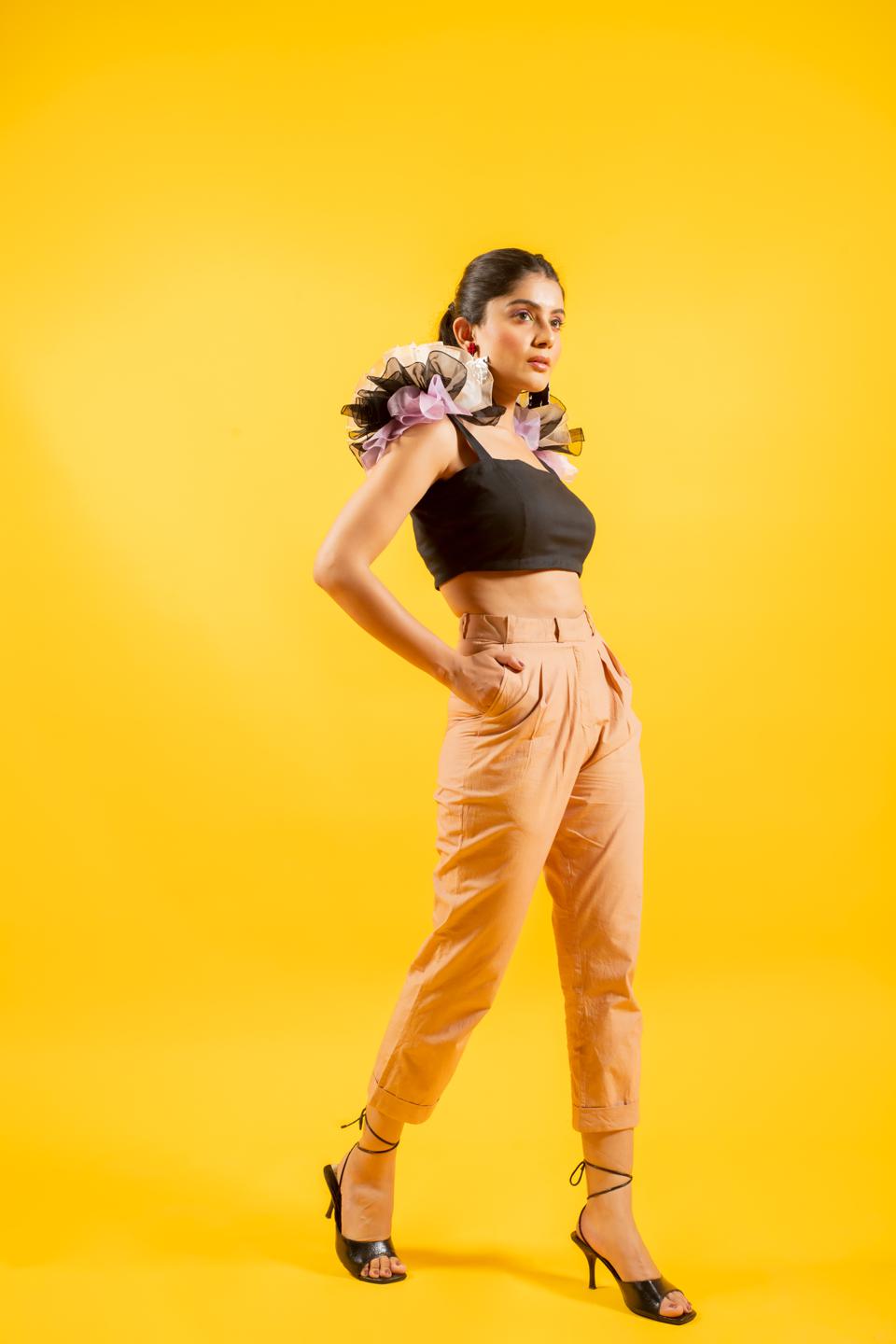 black-ruffled-shoulder-drama-top-with-tan-trousers-11740098BK, Women Clothing, Organza Matching Set