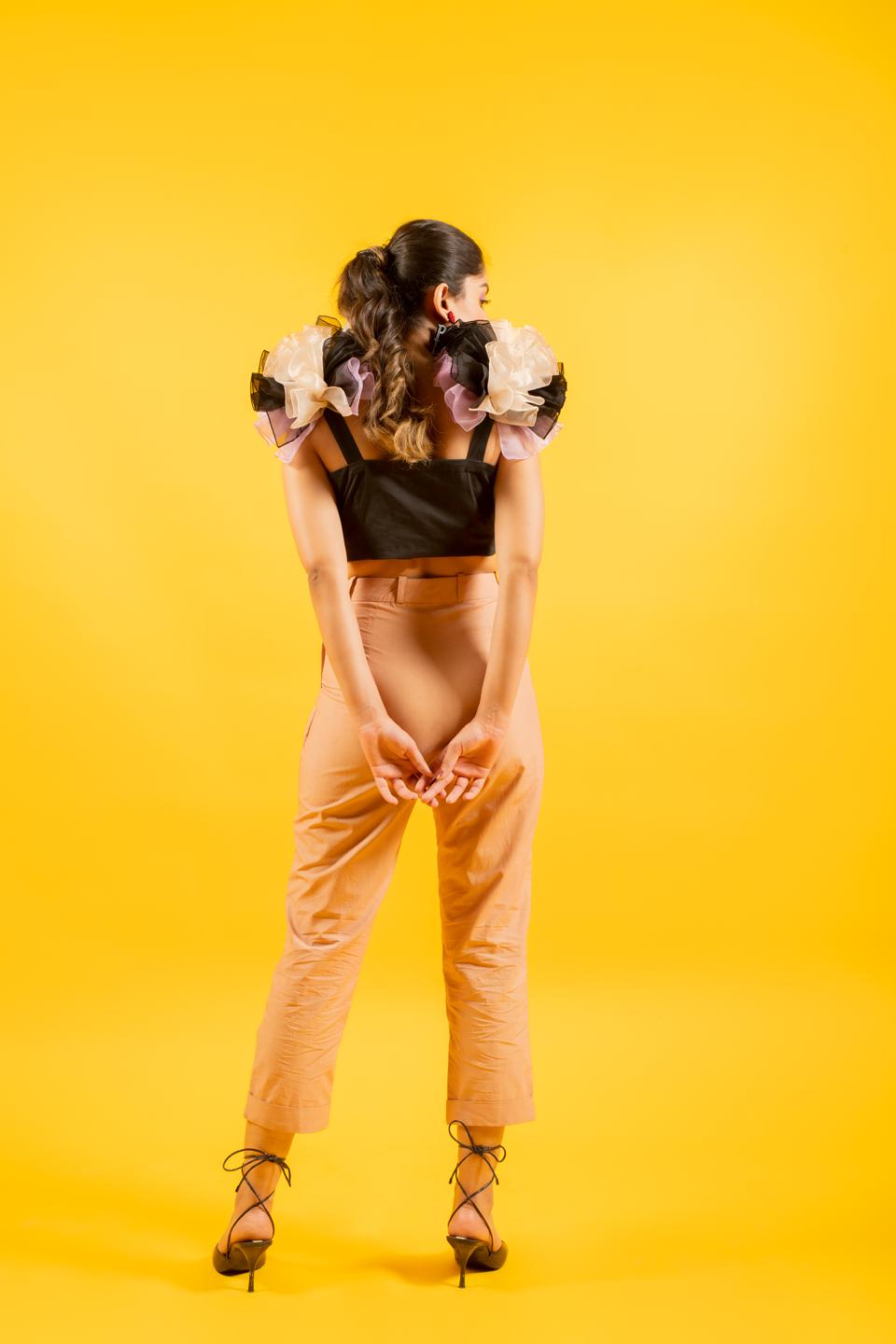 black-ruffled-shoulder-drama-top-with-tan-trousers-11740098BK, Women Clothing, Organza Matching Set