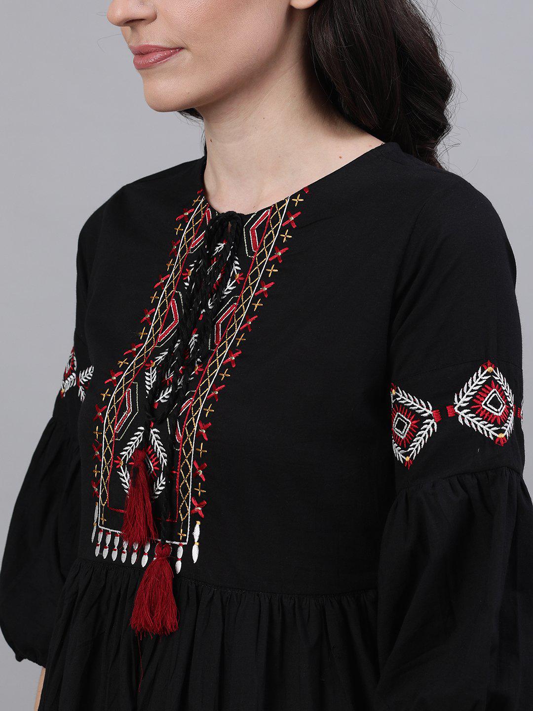 black-solid-tie-up-neck-fit-and-flare-dress-10804008BK, Women Clothing, Cotton Dress