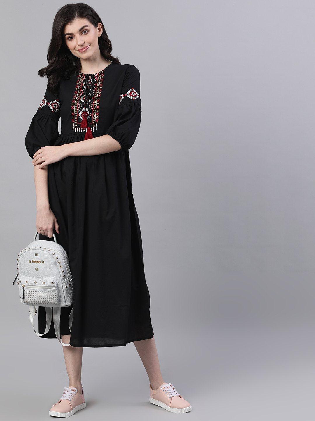 black-solid-tie-up-neck-fit-and-flare-dress-10804008BK, Women Clothing, Cotton Dress