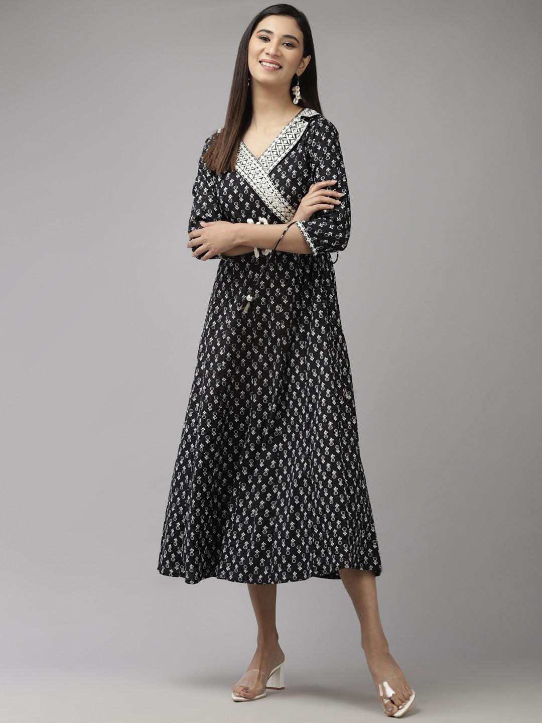 black-white-floral-printed-dress-10104027BK, Women Clothing, Cotton Dress