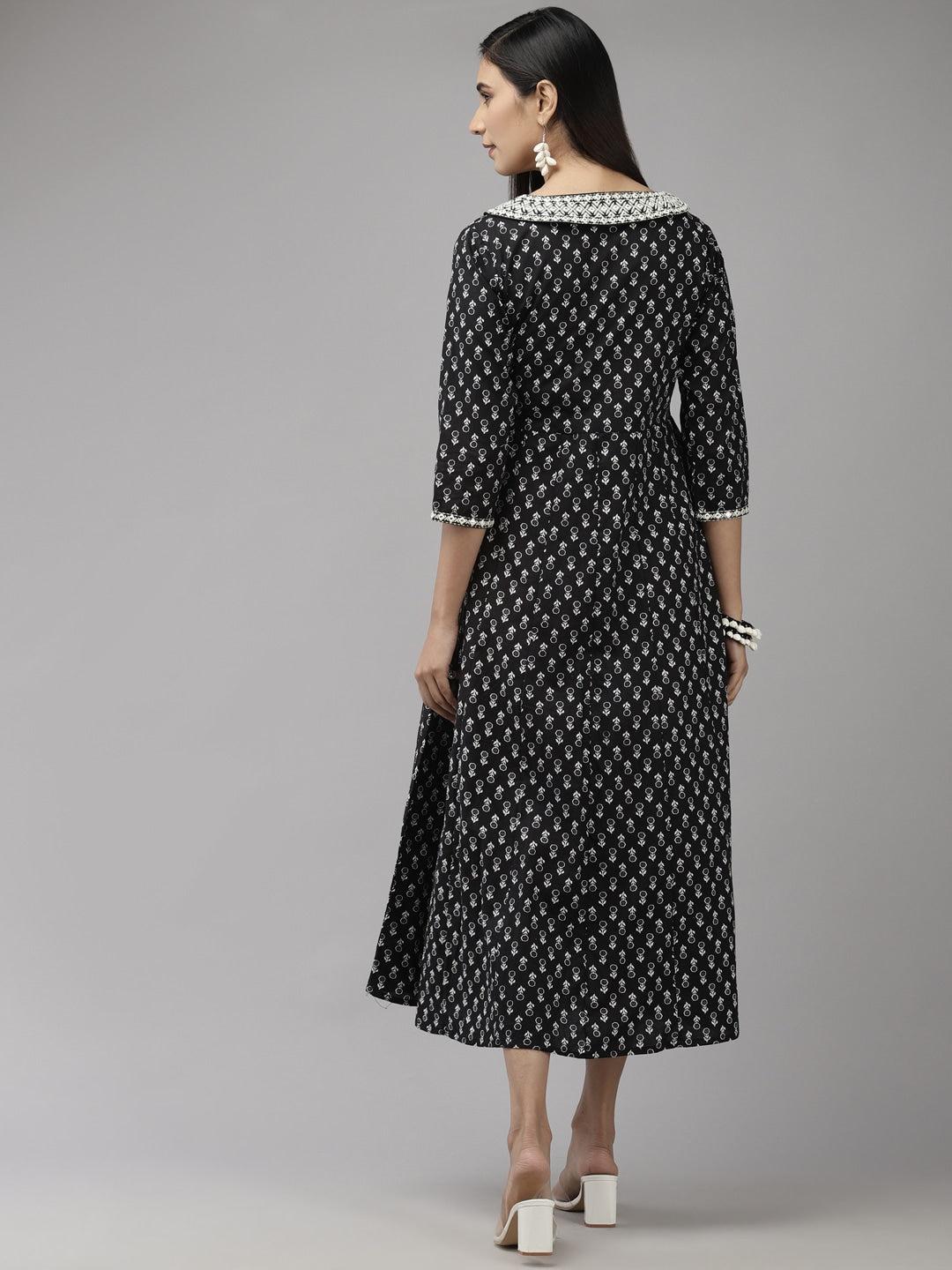 black-white-floral-printed-dress-10104027BK, Women Clothing, Cotton Dress