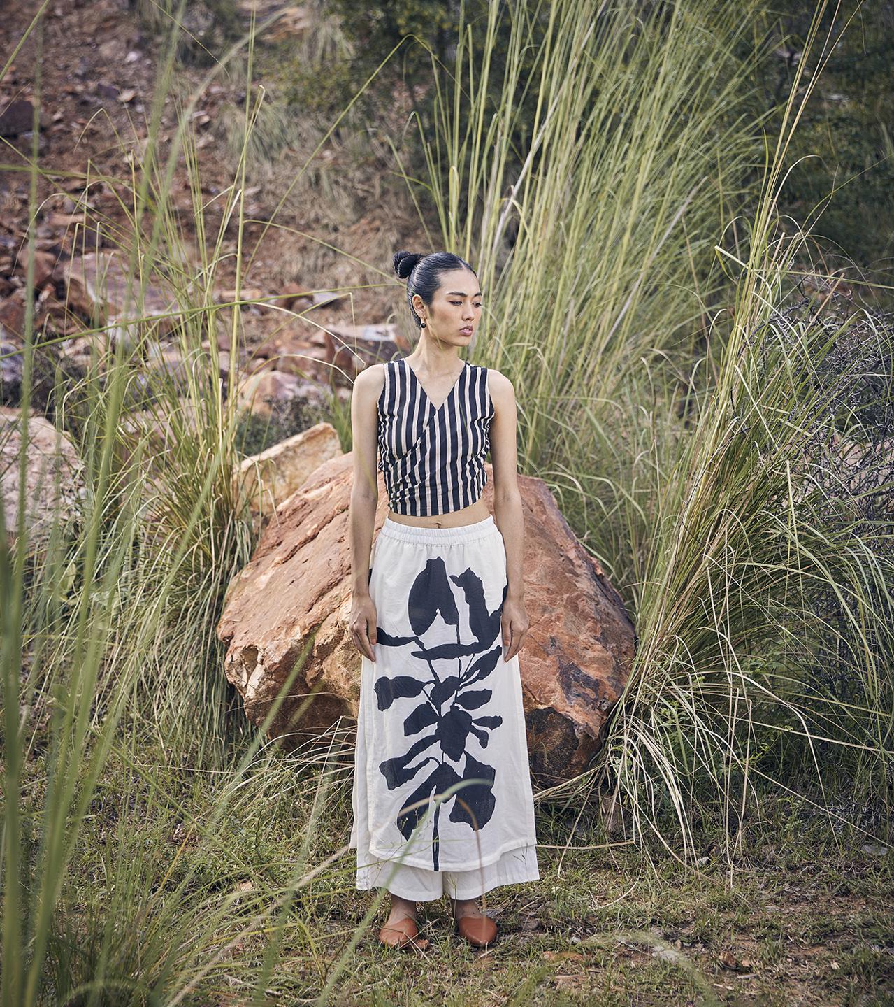 black-white-printed-skirt-trouser-with-pockets-11950018BK, Women Clothing, Cotton Skirt