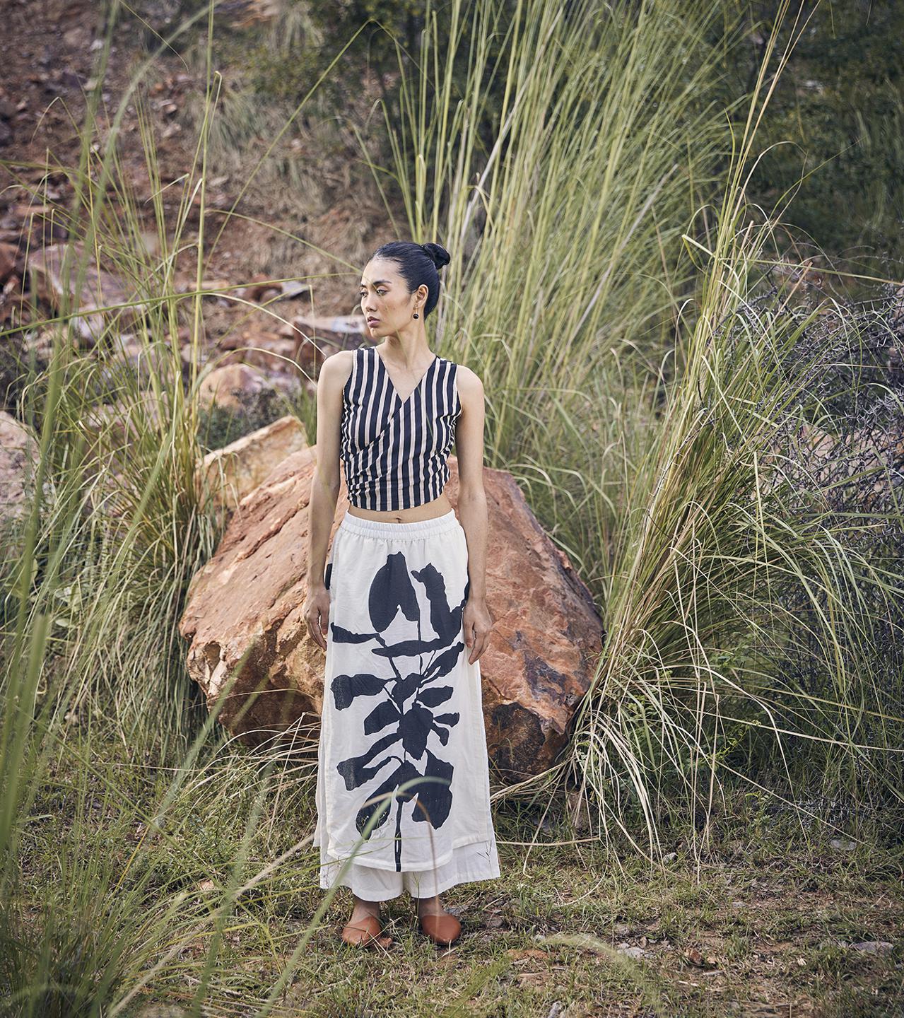 black-white-printed-skirt-trouser-with-pockets-11950018BK, Women Clothing, Cotton Skirt