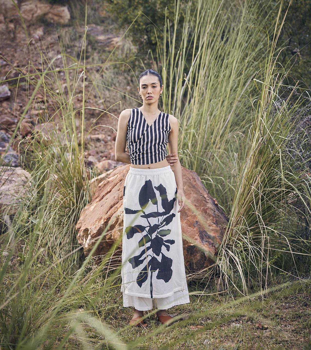 black-white-printed-skirt-trouser-with-pockets-11950018BK, Women Clothing, Cotton Skirt