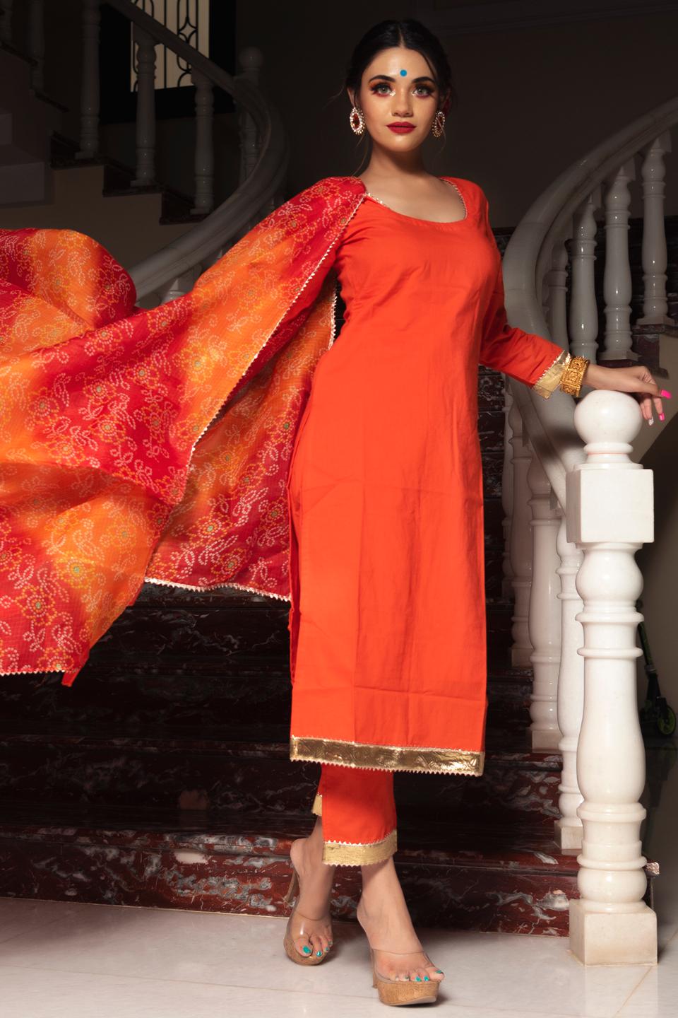 bloom-orange-cotton-suit-set-11403008OR, Women Indian Ethnic Clothing, Cotton Kurta Set Dupatta