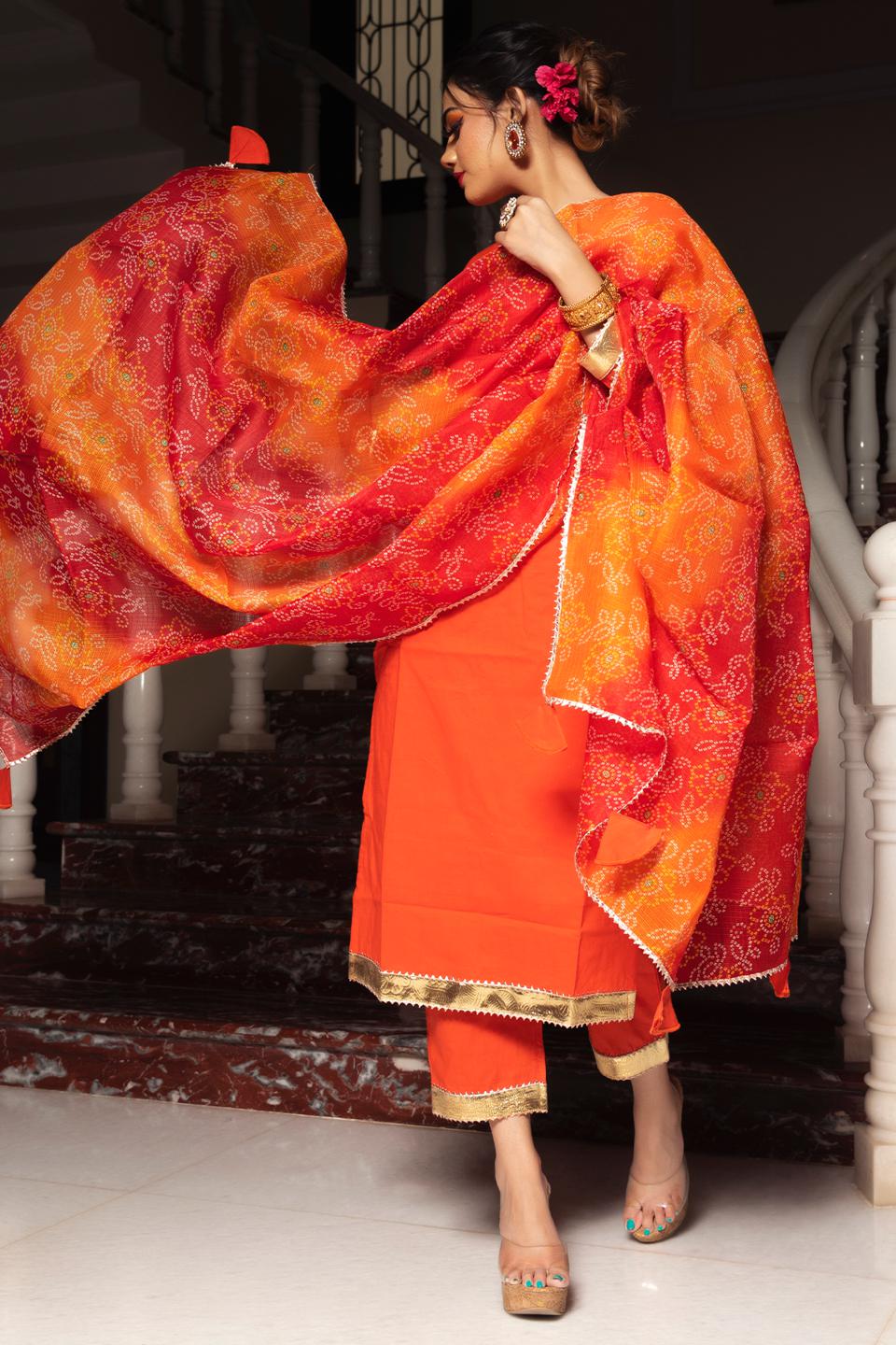 bloom-orange-cotton-suit-set-11403008OR, Women Indian Ethnic Clothing, Cotton Kurta Set Dupatta