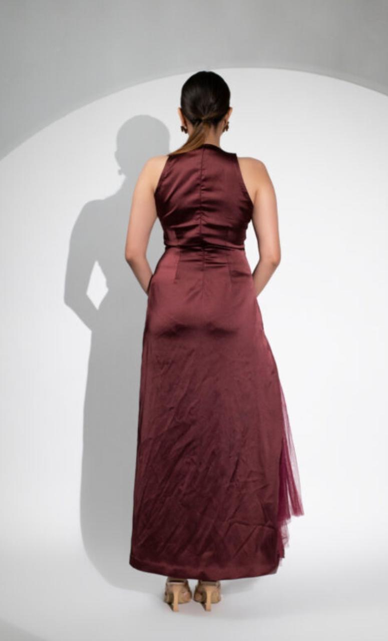 bloora-halterneck-gown-11604028RD, Women Clothing, Satin Dress