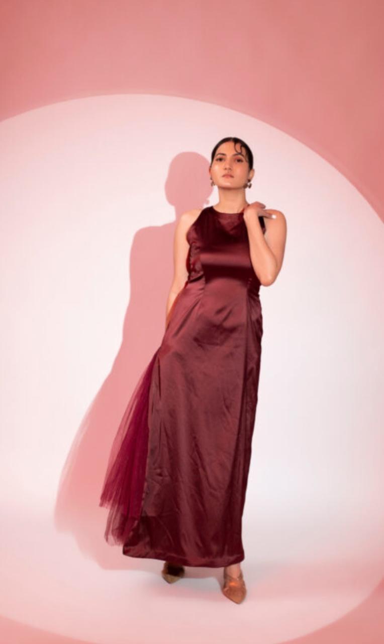 bloora-halterneck-gown-11604028RD, Women Clothing, Satin Dress