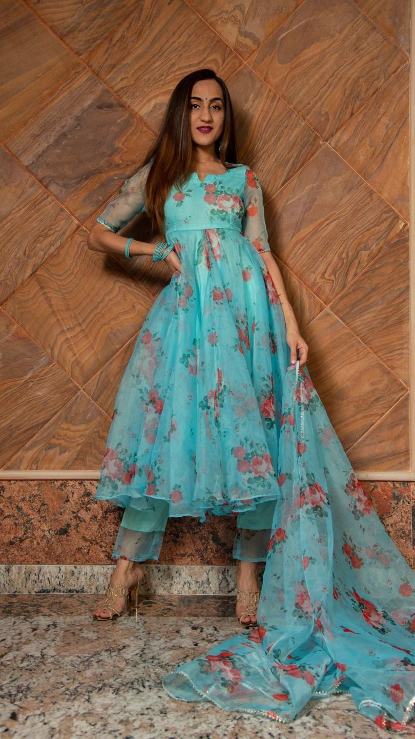 blue-and-red-floral-organza-anarkali-set-11403041BL, Women Indian Ethnic Clothing, Cotton Kurta Set Dupatta