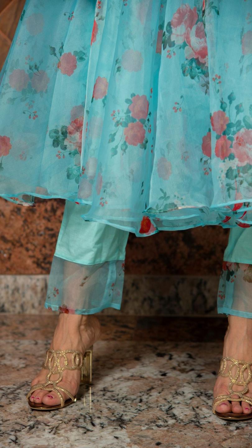 blue-and-red-floral-organza-anarkali-set-11403041BL, Women Indian Ethnic Clothing, Cotton Kurta Set Dupatta