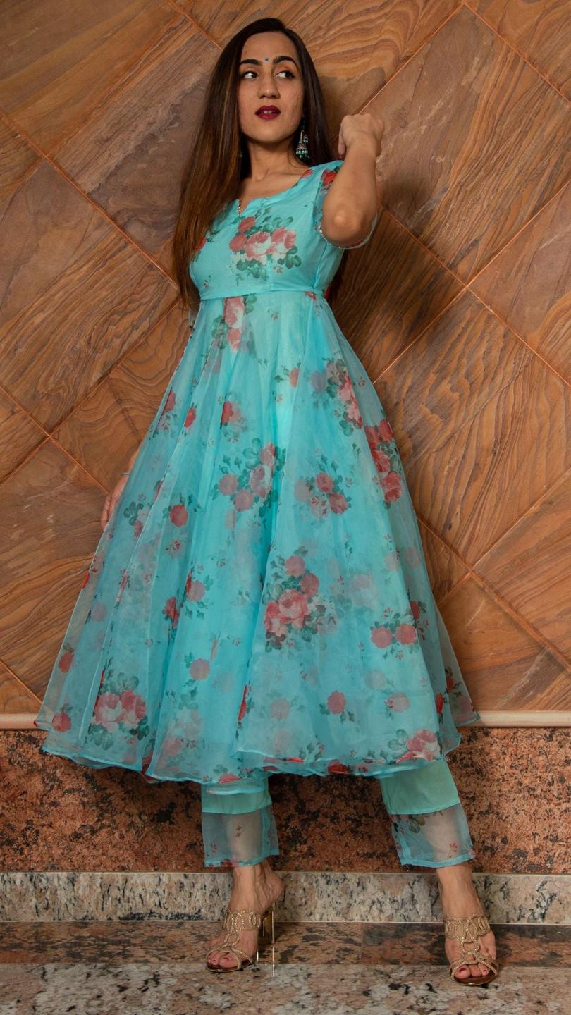 blue-and-red-floral-organza-anarkali-set-11403041BL, Women Indian Ethnic Clothing, Cotton Kurta Set Dupatta