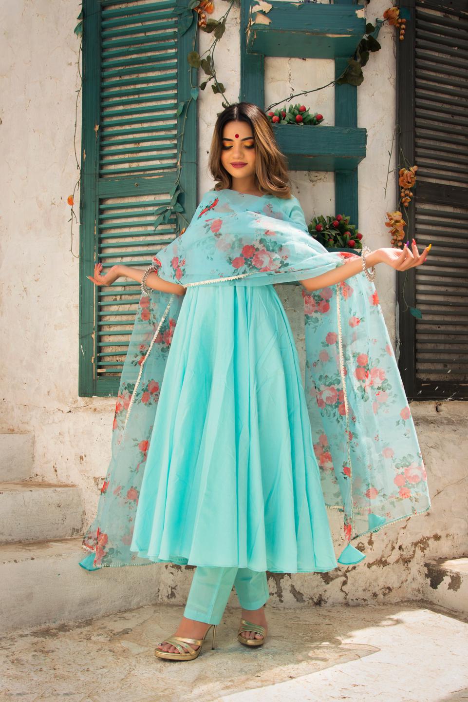 Blue Berry Pure Cotton Anarkali Set With Organza Dupatta