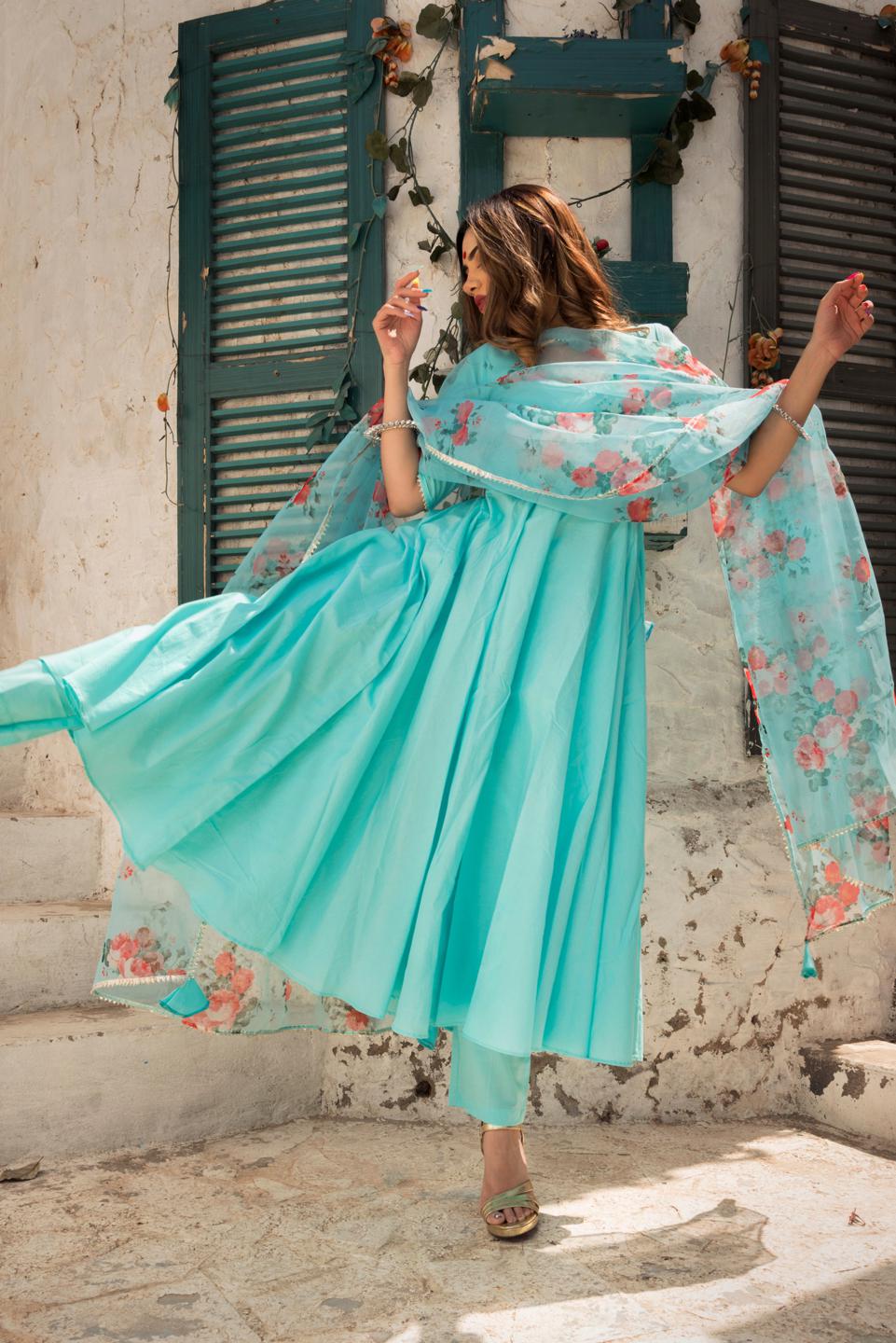 blue-berry-pure-cotton-anarkali-set-with-organza-dupatta-11403004BL, Women Indian Ethnic Clothing, Cotton Kurta Set Dupatta