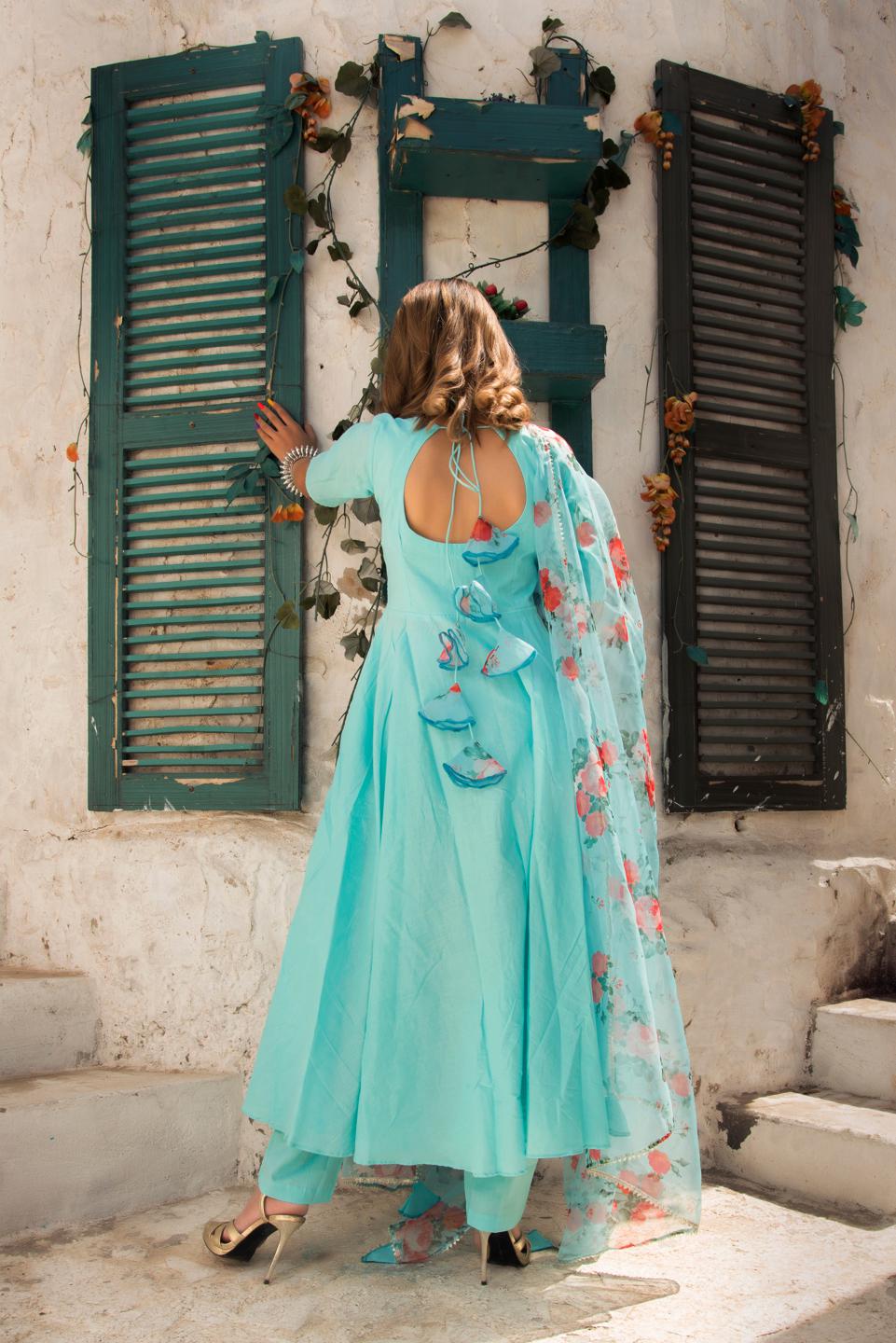 blue-berry-pure-cotton-anarkali-set-with-organza-dupatta-11403004BL, Women Indian Ethnic Clothing, Cotton Kurta Set Dupatta