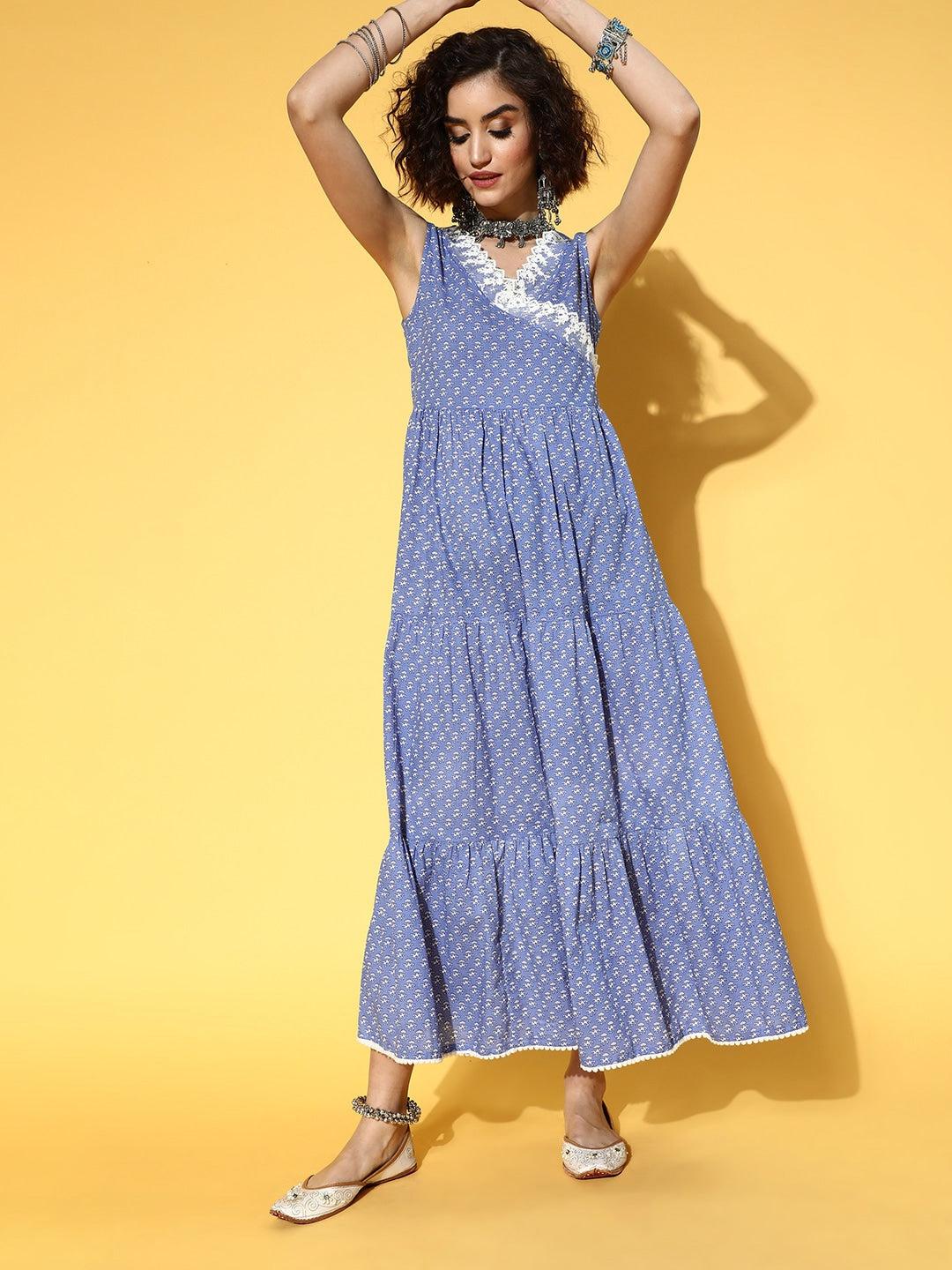 blue-ethnic-printed-dress-10104103BL, Women Clothing, Cotton Dress