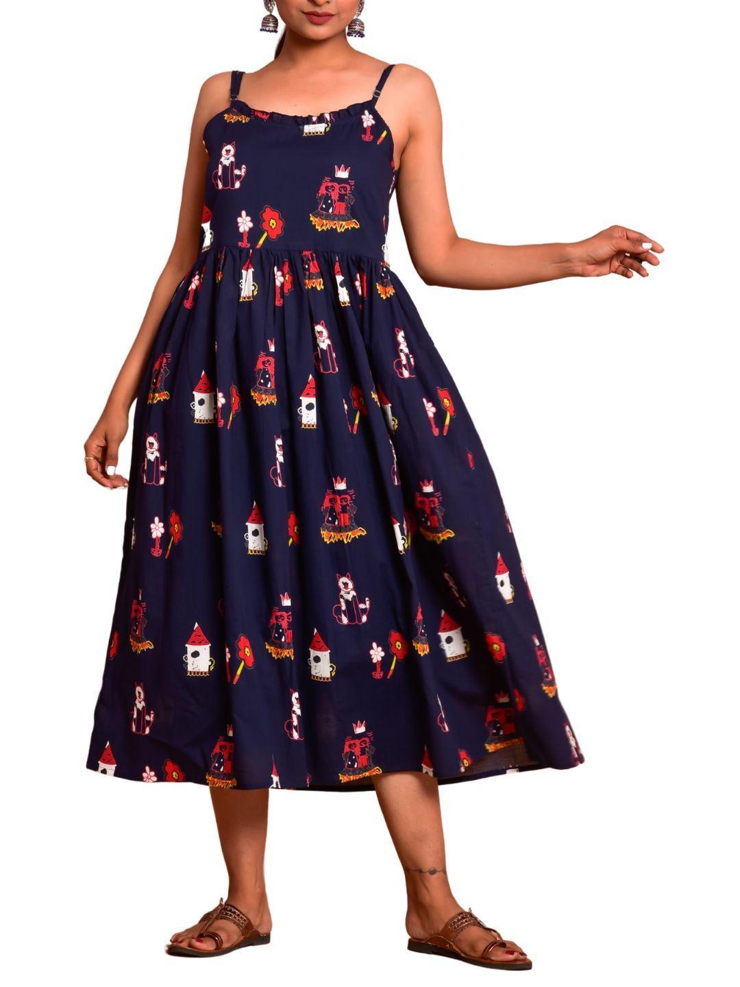 blue-fairy-tale-dress-10904011BL, Women Clothing, Cotton Dress, Cotton Blue Fairy Tale Print Hem Shoulder Straps Sleeveless Dress