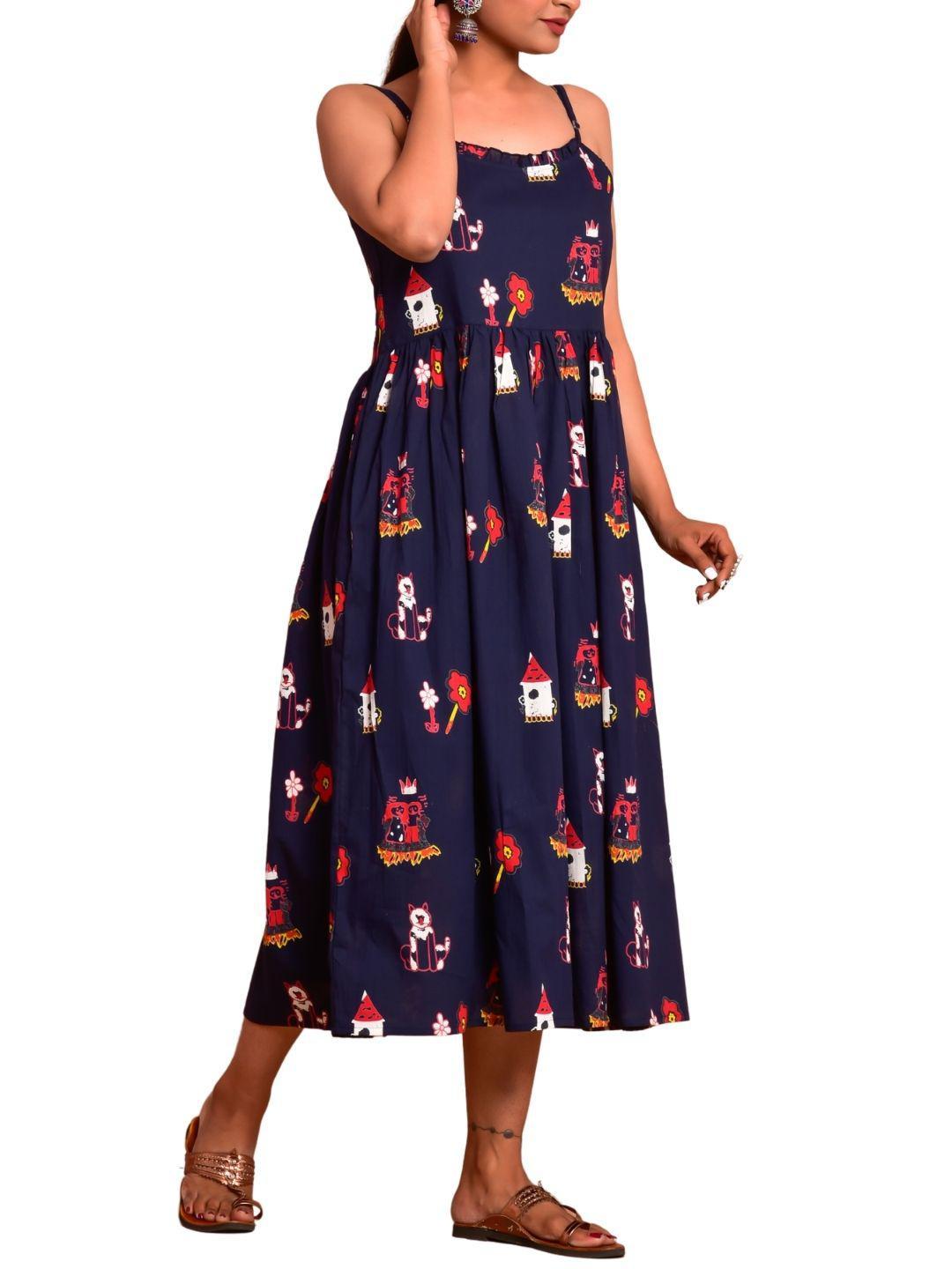 blue-fairy-tale-dress-10904011BL, Women Clothing, Cotton Dress, Cotton Blue Fairy Tale Print Hem Shoulder Straps Sleeveless Dress