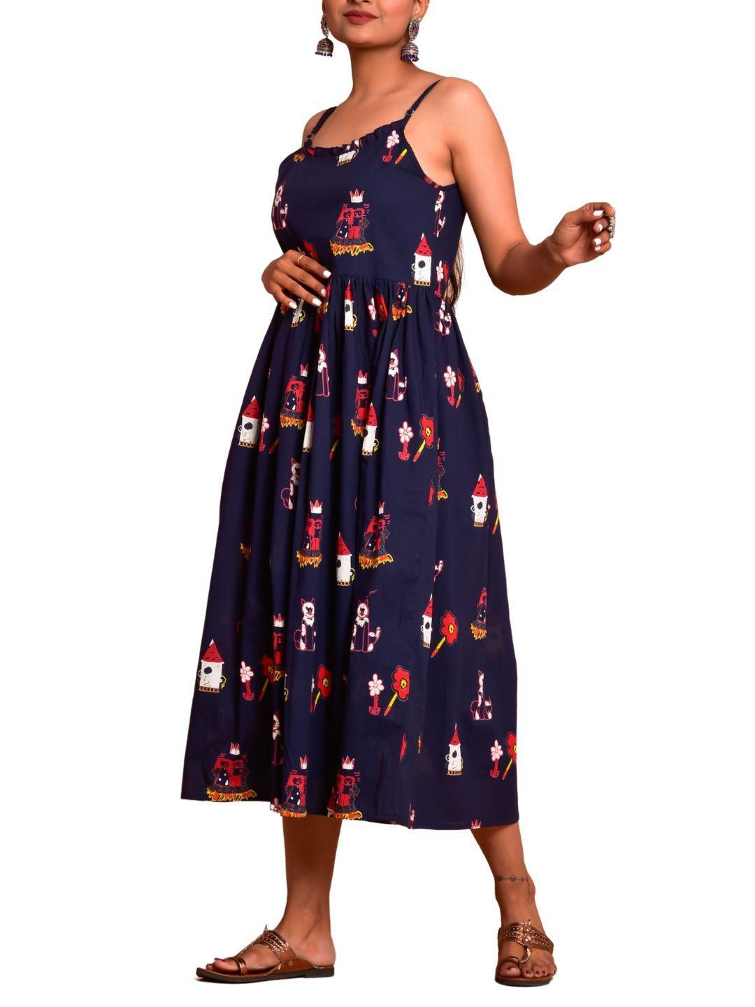 blue-fairy-tale-dress-10904011BL, Women Clothing, Cotton Dress, Cotton Blue Fairy Tale Print Hem Shoulder Straps Sleeveless Dress