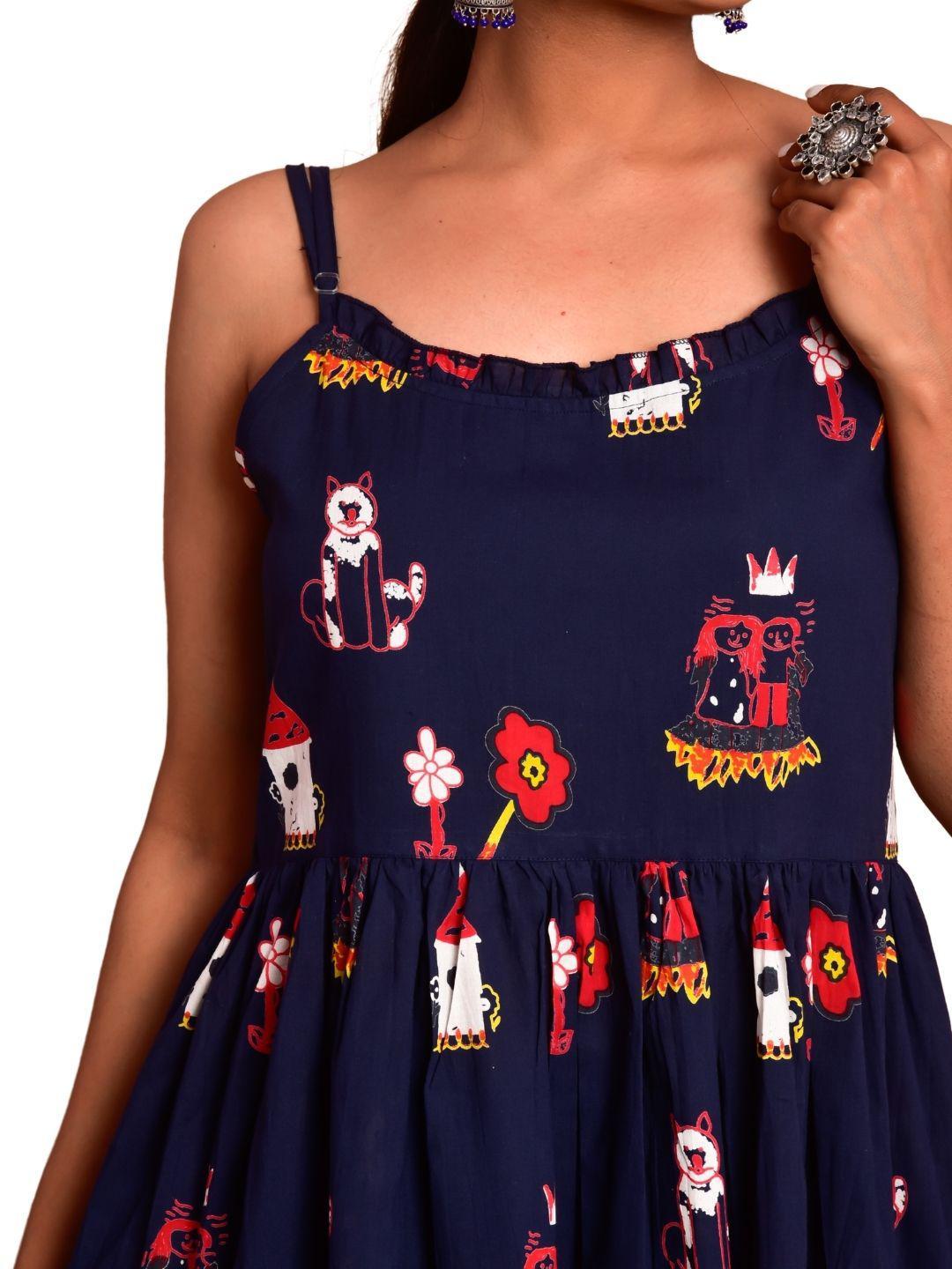 blue-fairy-tale-dress-10904011BL, Women Clothing, Cotton Dress, Cotton Blue Fairy Tale Print Hem Shoulder Straps Sleeveless Dress