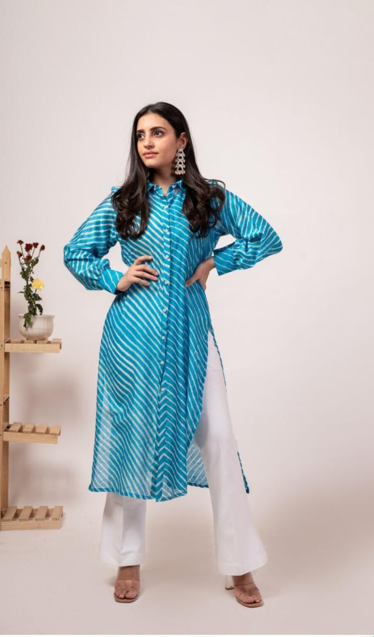 blue-lehriya-with-pants-11602041BL, Women Indian Ethnic Clothing, Cotton Silk Kurta Set