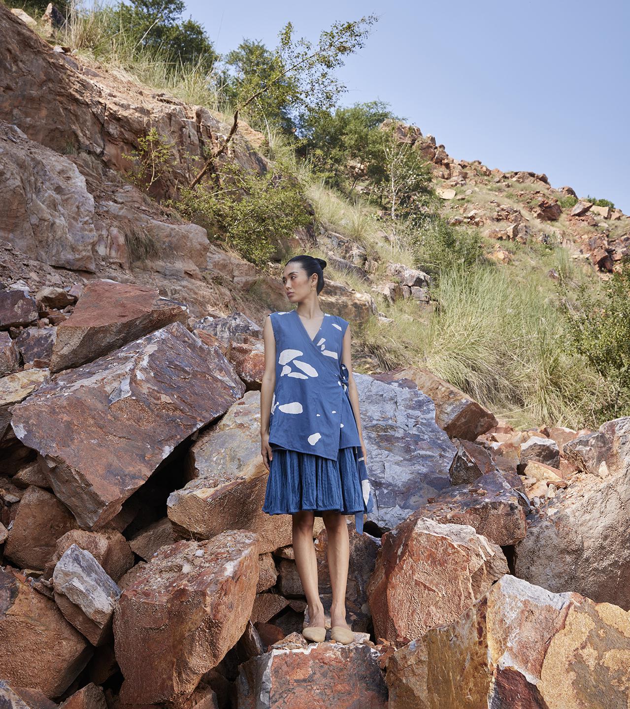 blue-off-white-printed-jacket-dress-co-ord-set-11940001BL, Women Clothing, Cotton Matching Set