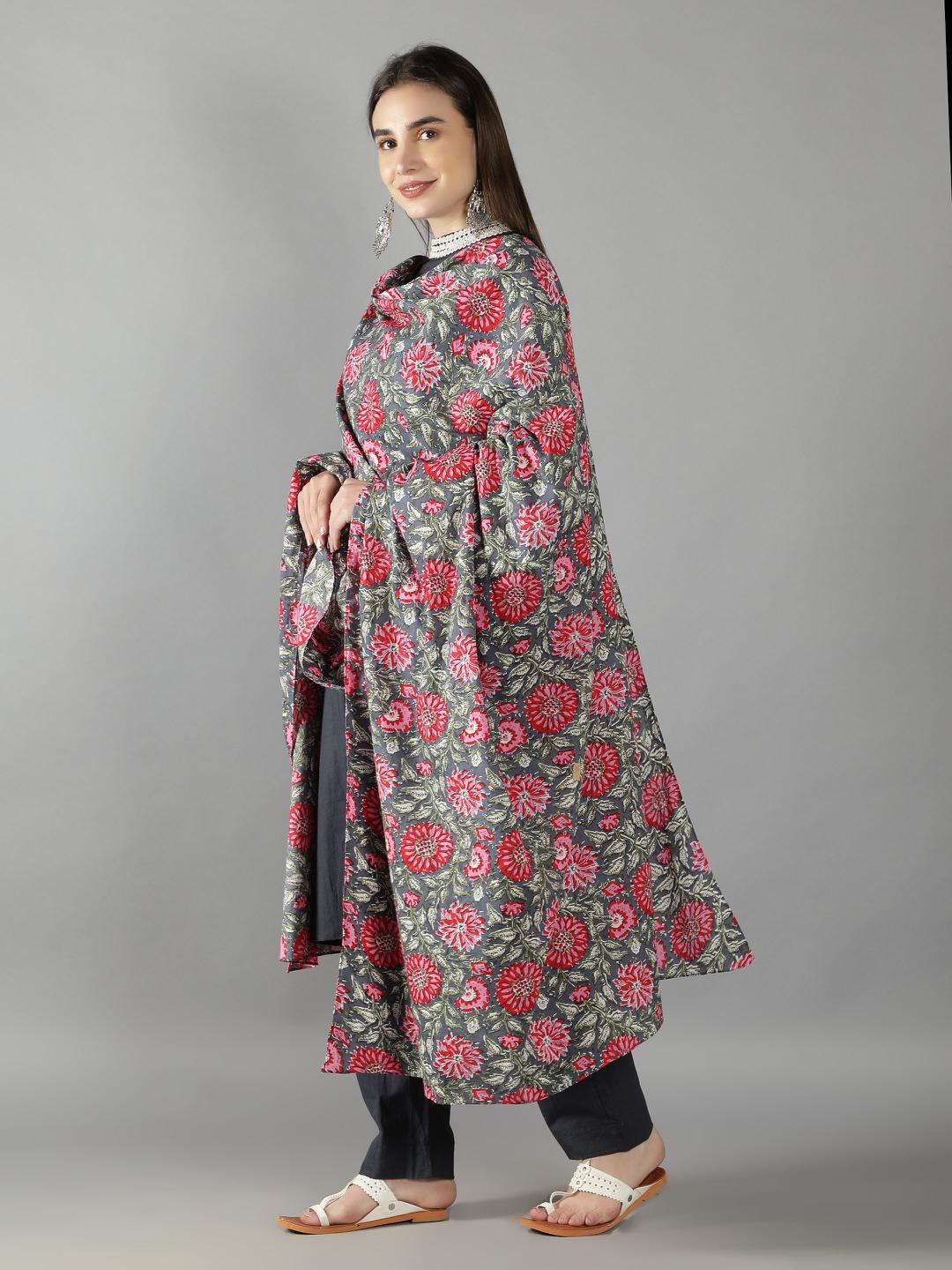 blue-pansy-high-neck-lace-detailing-kurta-set-with-handblock-floral-print-dupatta-11703134BL, Women Indian Ethnic Clothing, Cotton Kurta Set Dupatta