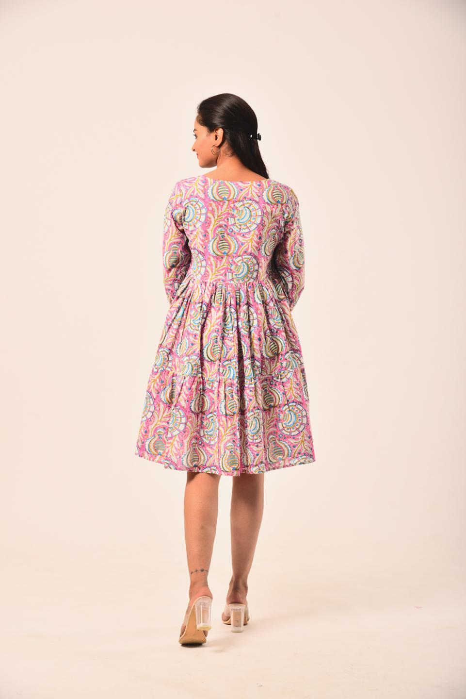 multi-color-block-print-short-dress-10904048ML, Women Clothing, Cotton Dress, Cotton Multi Color Floral Hand Block Print Short Dress