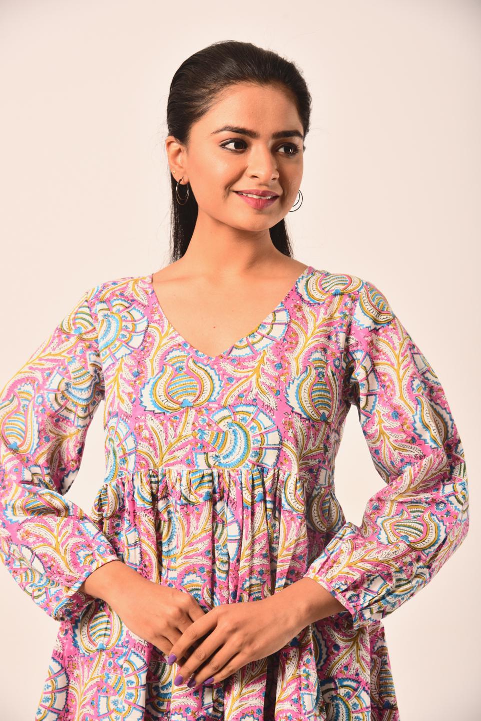 multi-color-block-print-short-dress-10904048ML, Women Clothing, Cotton Dress, Cotton Multi Color Floral Hand Block Print Short Dress