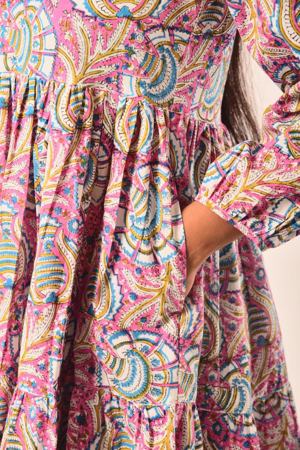 multi-color-block-print-short-dress-10904048ML, Women Clothing, Cotton Dress, Cotton Multi Color Floral Hand Block Print Short Dress