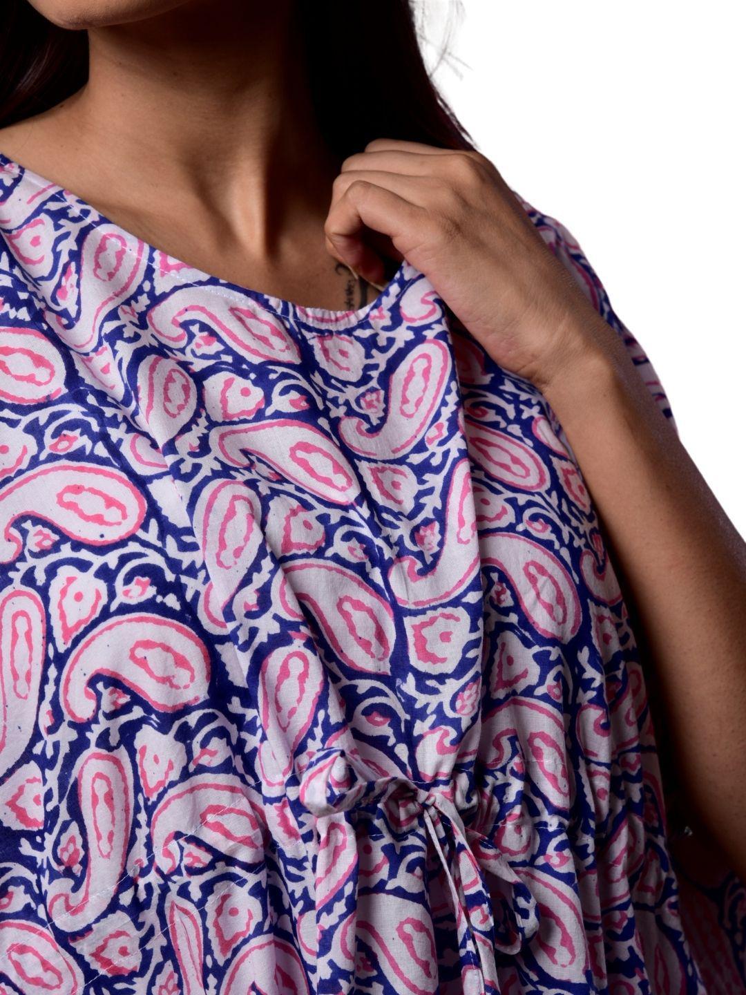 blue-pink-handblock-long-caftan-10921037BL, Women Clothing, Cotton Caftan, Cotton Blue Pink Kery Hand Block Print Long Caftan