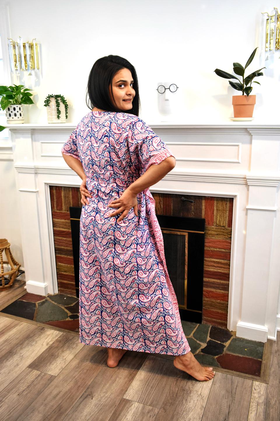 Blue Pink HandBlock Long Caftan