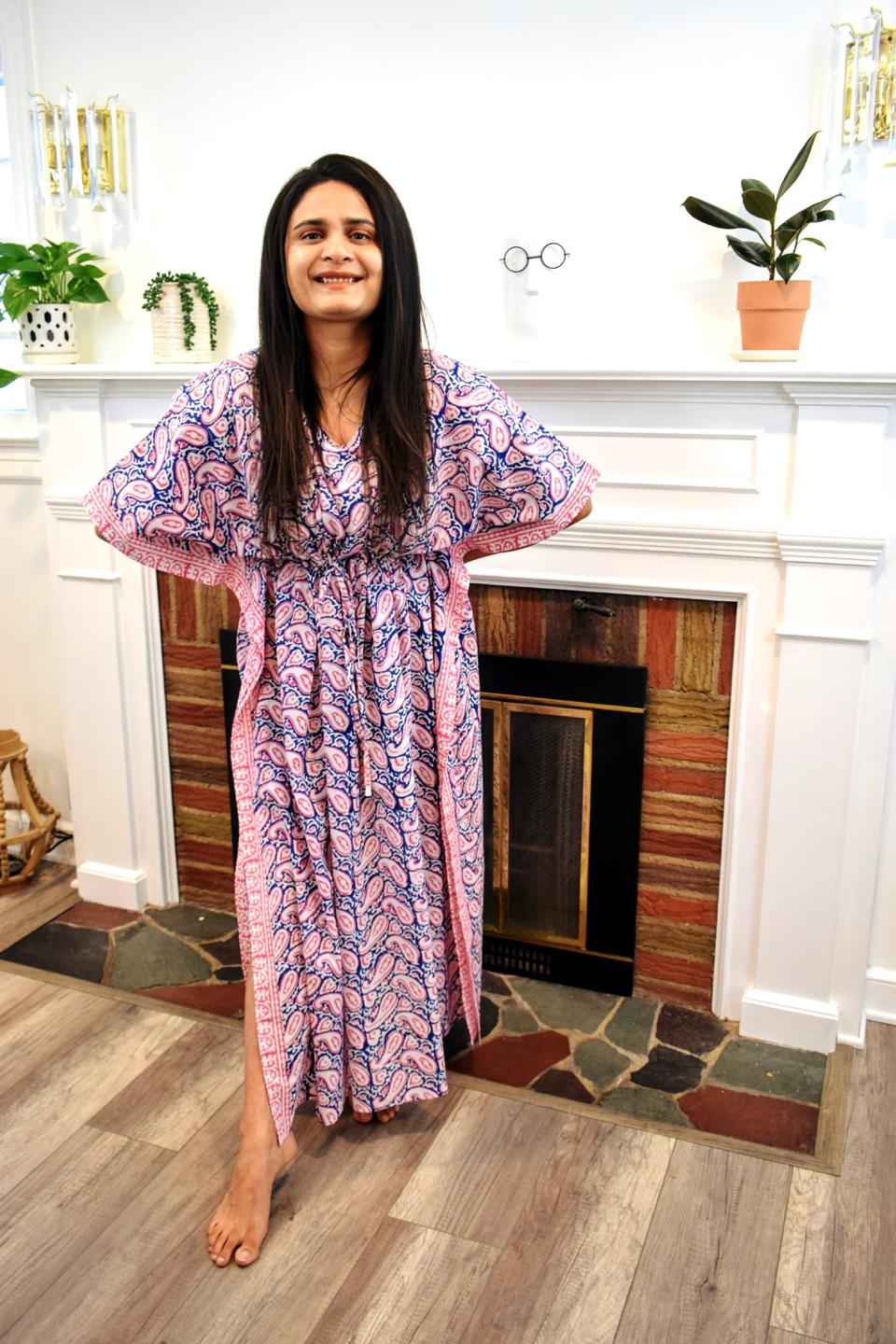 Blue Pink HandBlock Long Caftan
