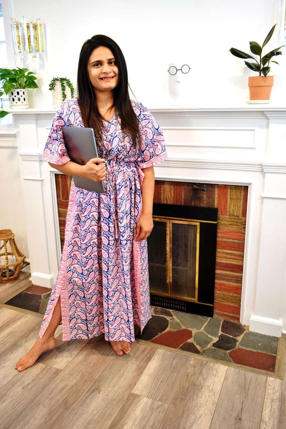 Blue Pink HandBlock Long Caftan