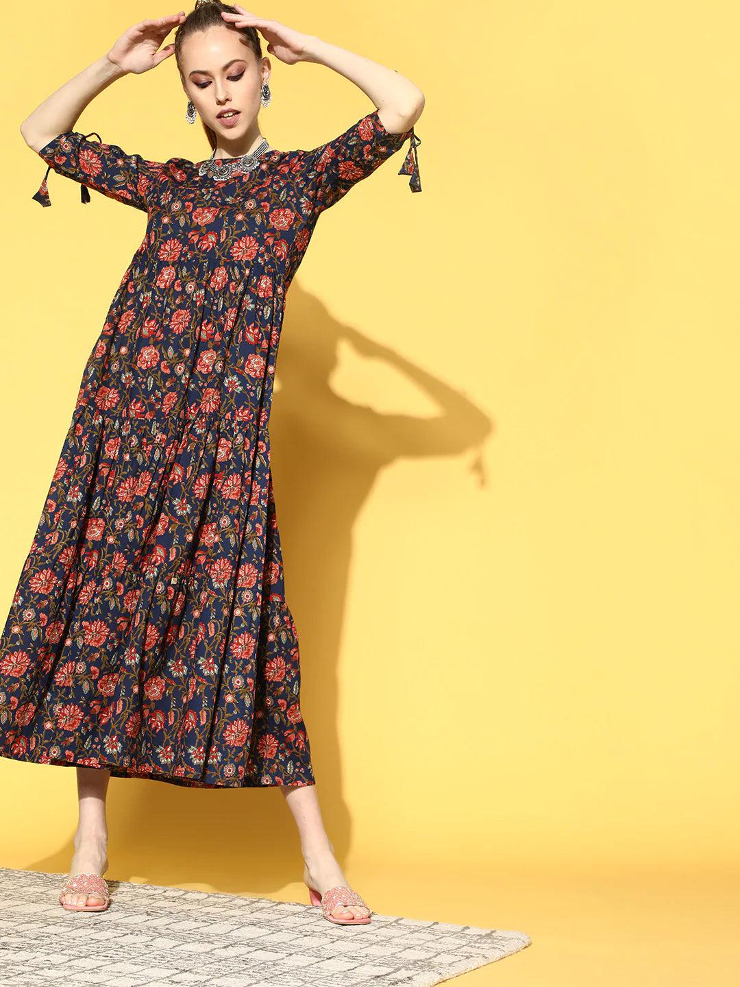 blue-printed-tiered-dress-with-tie-up-sleeves-10804004BL, Women Clothing, Cotton Dress
