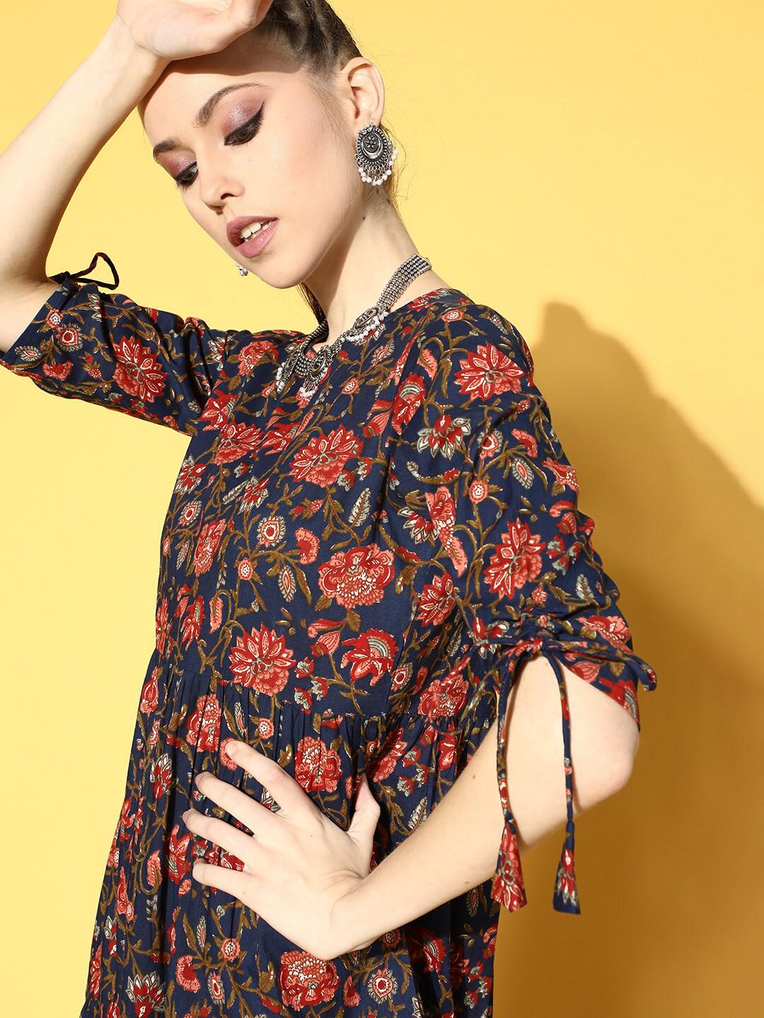 blue-printed-tiered-dress-with-tie-up-sleeves-10804004BL, Women Clothing, Cotton Dress