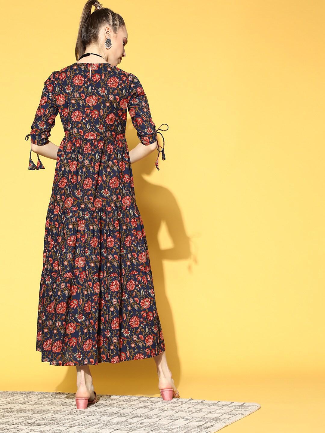 blue-printed-tiered-dress-with-tie-up-sleeves-10804004BL, Women Clothing, Cotton Dress