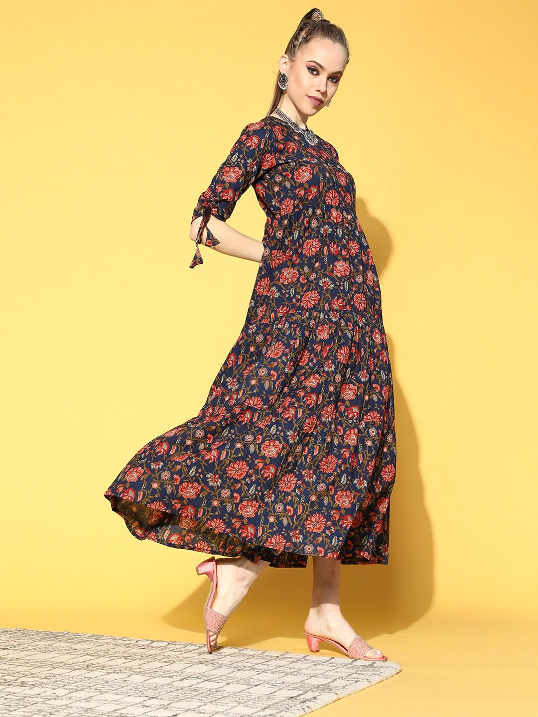 blue-printed-tiered-dress-with-tie-up-sleeves-10804004BL, Women Clothing, Cotton Dress