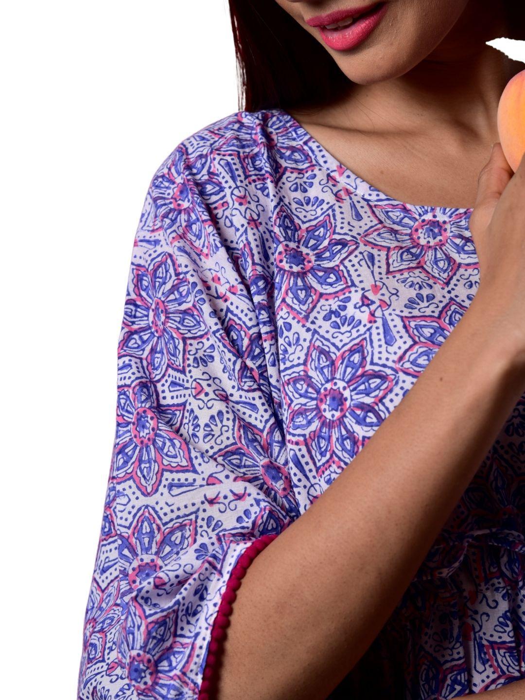 blue-star-handblock-long-caftan-10921039BL, Women Clothing, Cotton Caftan, Cotton Blue Star Hand Block Print Long Caftan