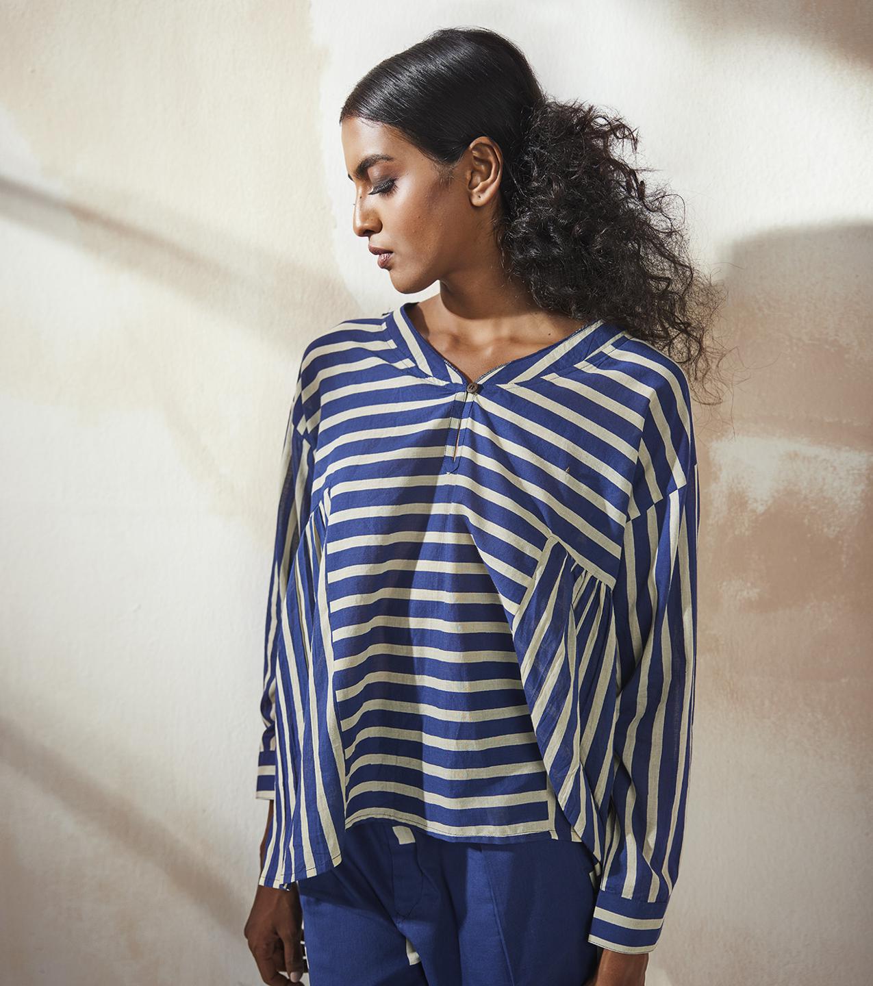 blue-white-cotton-blouse-short-co-ord-set-11940063BL, Women Clothing, Cotton Matching Set