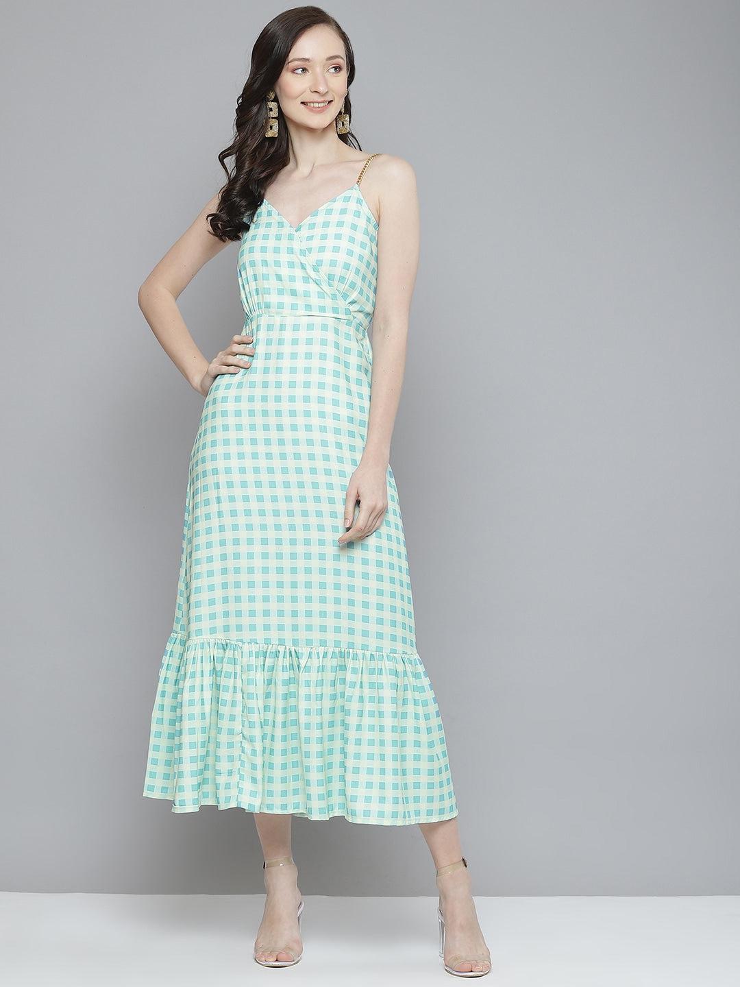 blue check maxi dress Blue & Yellow Check Strappy Women Maxi